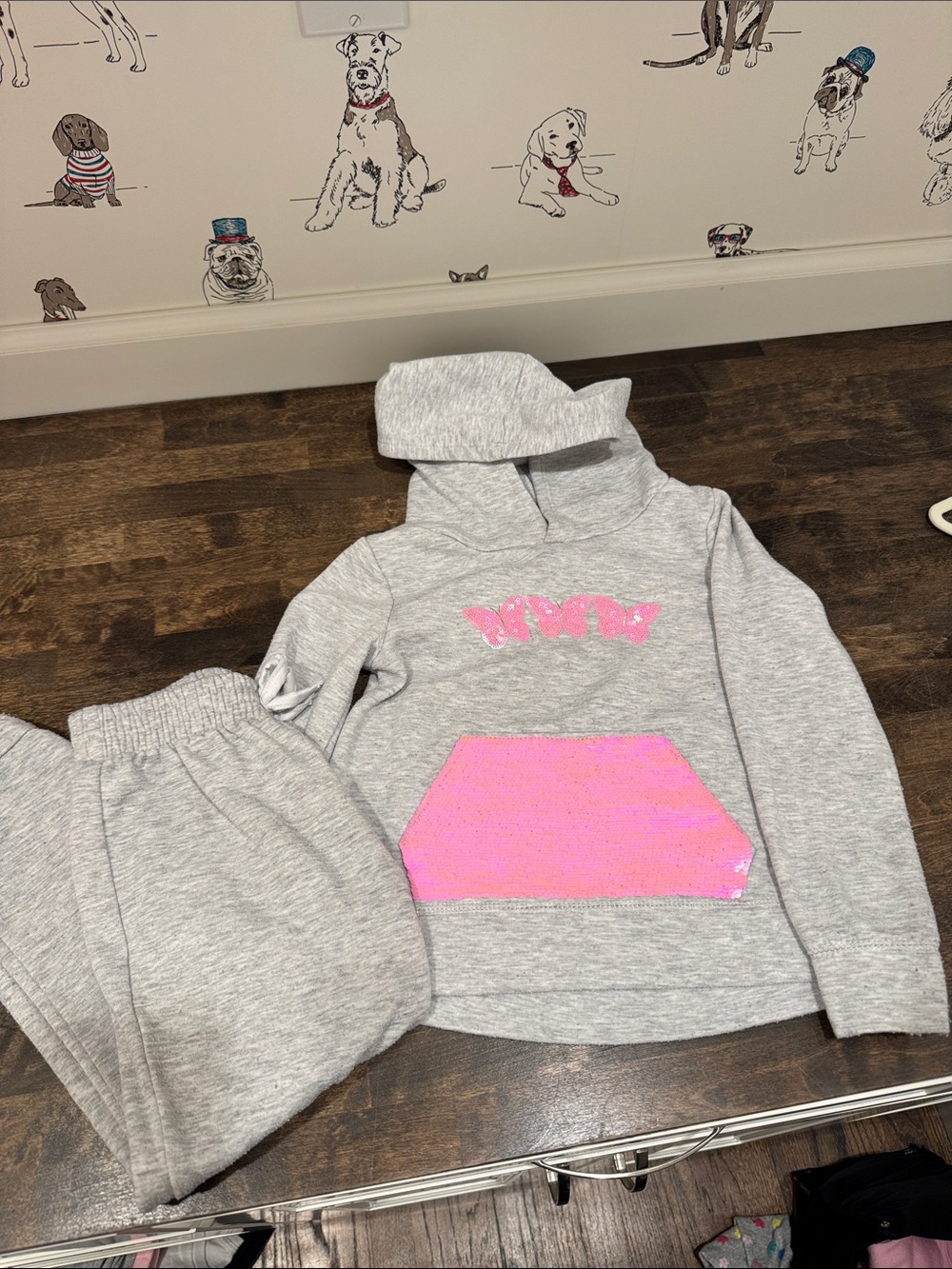 4/5 btween Light Gray Sequin Butterfly Hooded Sweatshirt and matching pants.